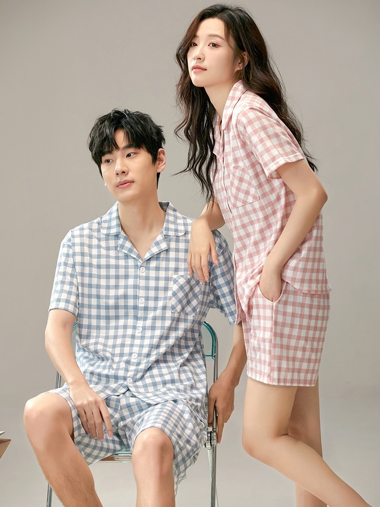 체크 잠옷 세트 반팔 반바지 순면 커플 얇은 여름 빅사이즈 4XL까지 - 상세 이미지 4