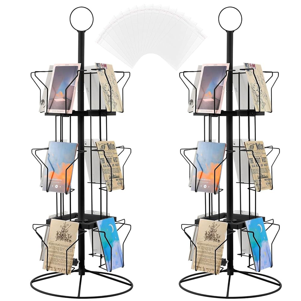 리서행 2개 12포켓 조리대 회전 인사말 카드 랙, 400개의 투명 재밀봉 가능한 비닐 봉투 3단 디스플레이 스탠드 홀더 금속 엽서 랙(블랙) - 상품 이미지