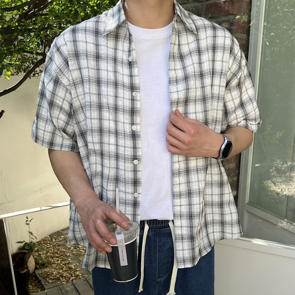 남자 리테 오버핏 여름 쿨 체크 반팔 셔츠 이미지 6