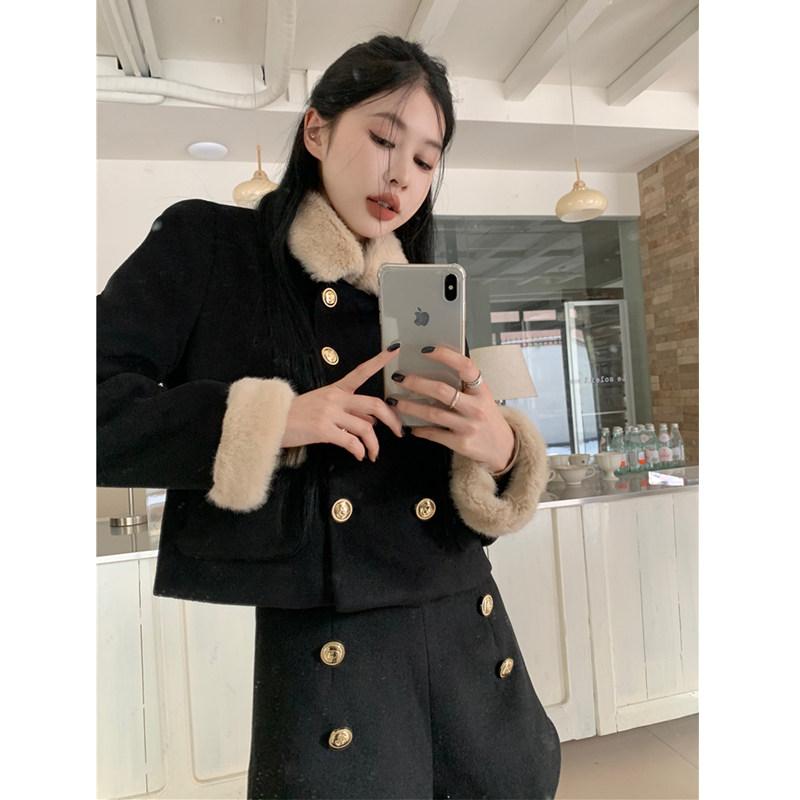 퍼카라넥 긴팔 숏 모직재킷 더블 더블버튼 퍼자켓 카라넥 빅카라 무스탕 퍼카라 - 상세 이미지 5