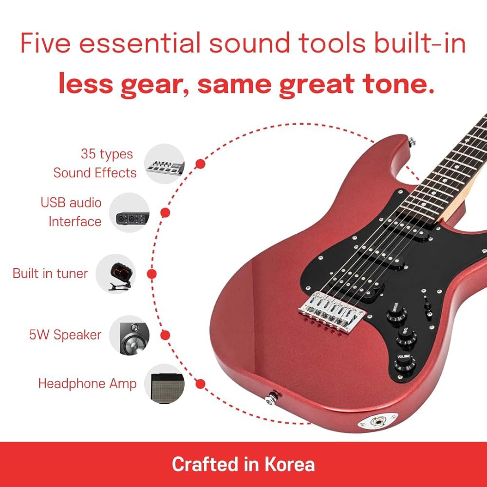 PEOZ 일렉트릭 기타, 35개의 음향 효과가 있는 스마트 디지털 내장 튜너, USB 인터페이스, 5W 스피커, 빨간색(딥 레드) Deep Black - 상세 이미지 3