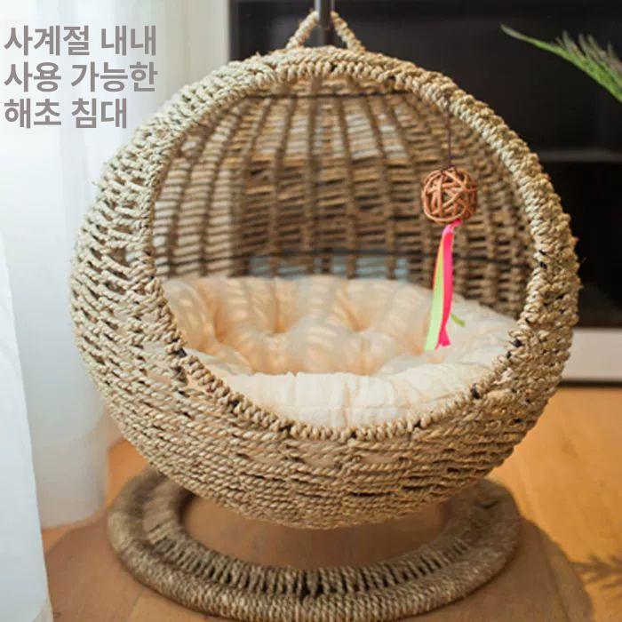 고양이 강아지 원목 침대 해먹 라탄 하우스 둥지 쿠션 매트 편안한 휴식 - 상세 이미지 2