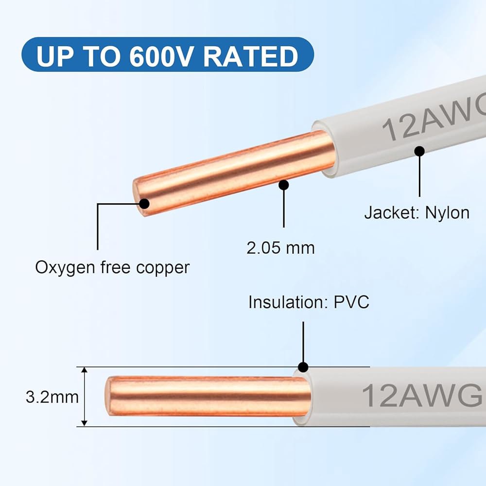 THN 와이어 12 게이지 100 FT, 나일론 재킷 PVC 단열재가 있는 AWG 솔리드 OFC 구리 전기 빌딩 와이어, 주거용, 산업용, CNC, 접지용 600V 등급(12 게이 - 상세 이미지 2