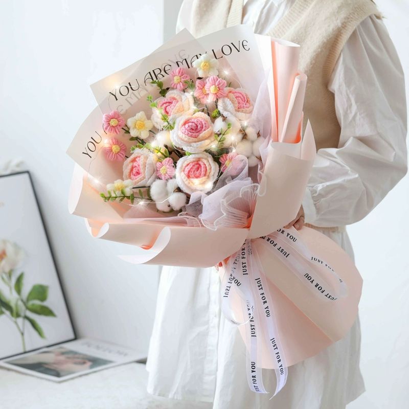 코바늘 꽃다발 수제 튤립 장미 혼합 부케 졸업 생일 선물 뜨개질 완성품 - 상세 이미지 5