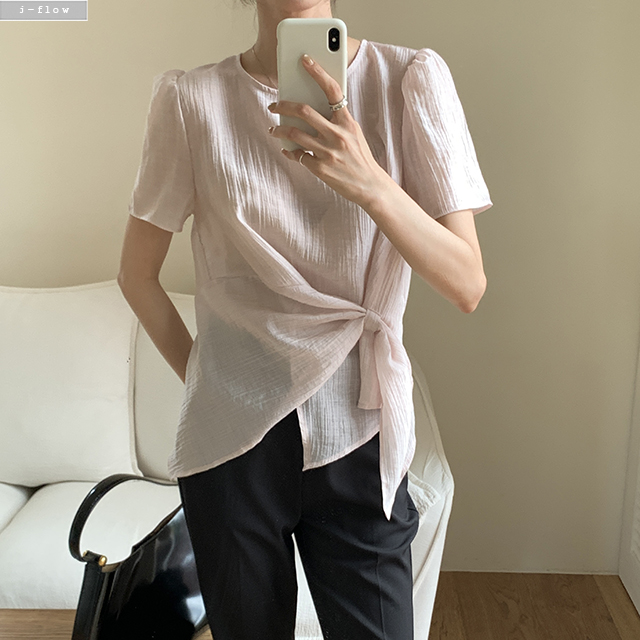 태티 매듭 언발 라운드 텐셀 블라우스 3col 여름 봄 반팔 시스루 꼬임 사선 제이플로우 - 상세 이미지 5