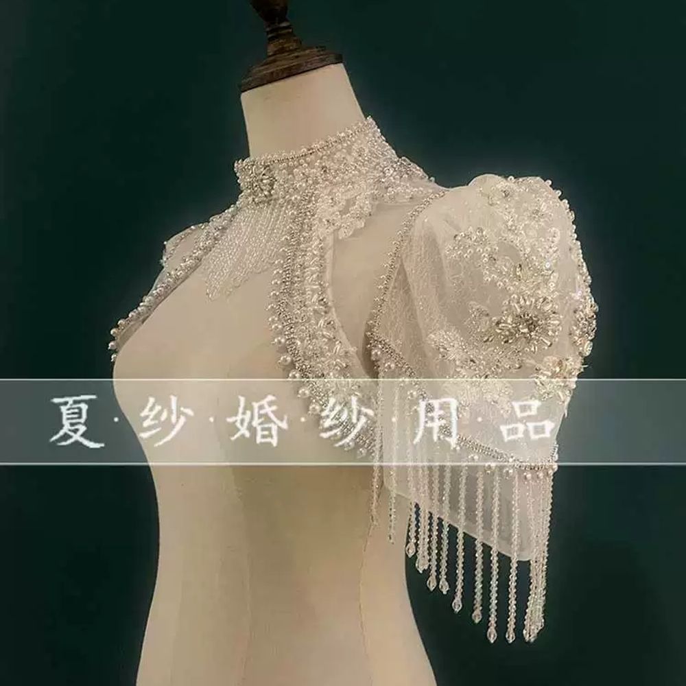 반팔 드레스볼레로 새틴 벌룬 퍼프 시스루 케이프 플라워 색상 웨딩볼레로 레이스 - 상세 이미지 2