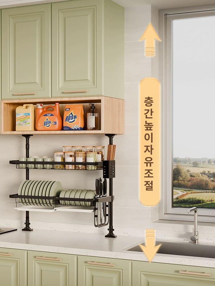 기둥식 식기건조대 대형 수납 건조대 창틀 스테인리스 와이드 설거지 높이조절 싱크대 그릇 - 상세 이미지 3