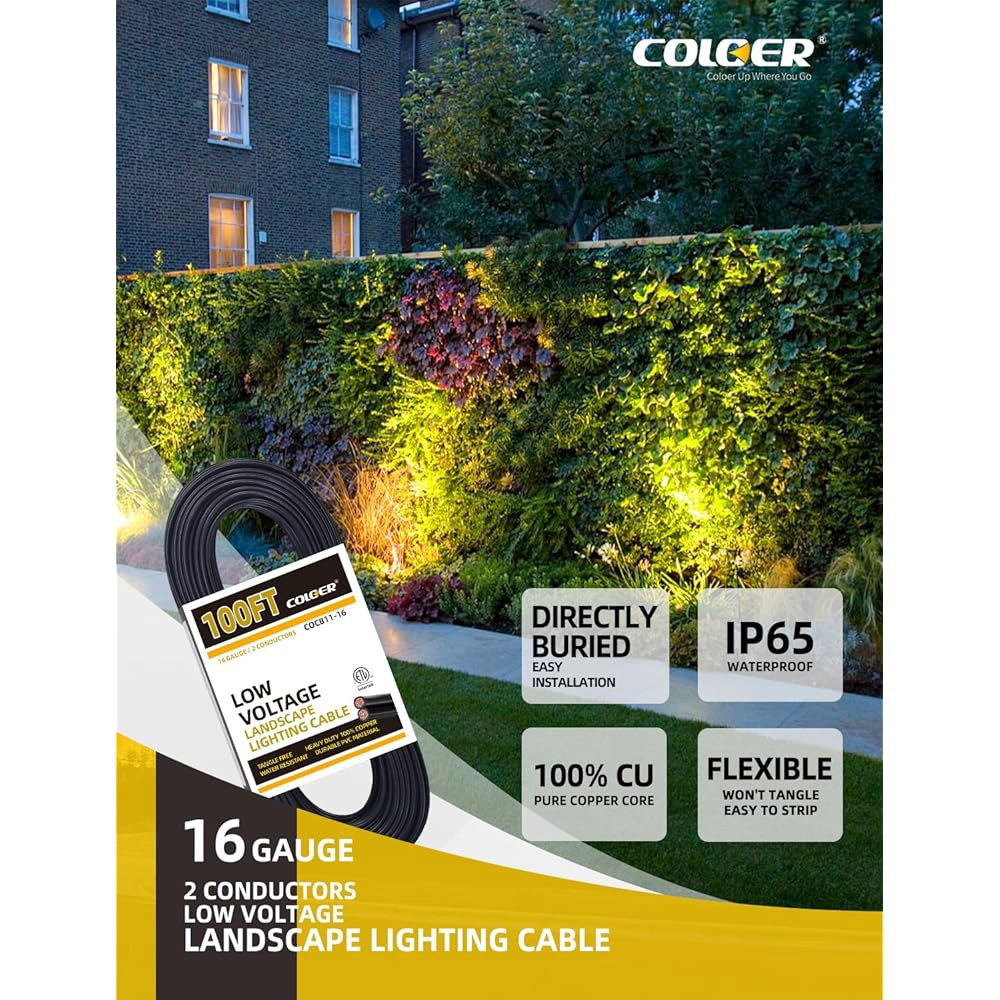 COLOER 100피트 16/2 저전압 조경 조명 와이어 좌초 PVC 코드 순수 구리 케이블 16 게이지 2 도체 엉킴 프리 야외 직매장 전기 16 Gauge 100FT - 상세 이미지 2
