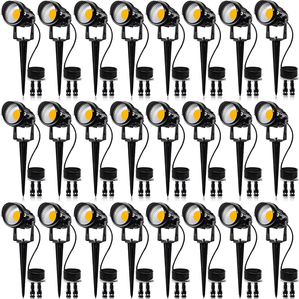 SUNVIE 24 팩 저전압 경관 조명 LED 12W 조명, 커넥터 AC/DC 12V-24V 야외 스포트라이트 IP65 방수 트리 플래그 마당 정원 경로를 위한 따뜻한 흰색 - 상품 이미지