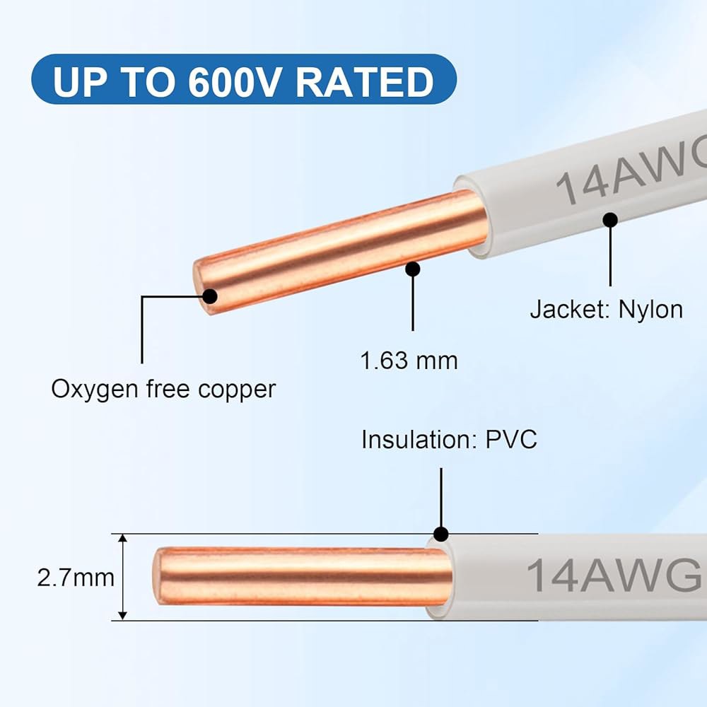 THN 와이어 14 게이지 50 FT, 나일론 재킷 PVC 단열재가 있는 AWG 솔리드 OFC 구리 전기 빌딩 와이어, 주거용, 산업용, CNC, 접지용 600V 등급(14 게이지 - 상세 이미지 2