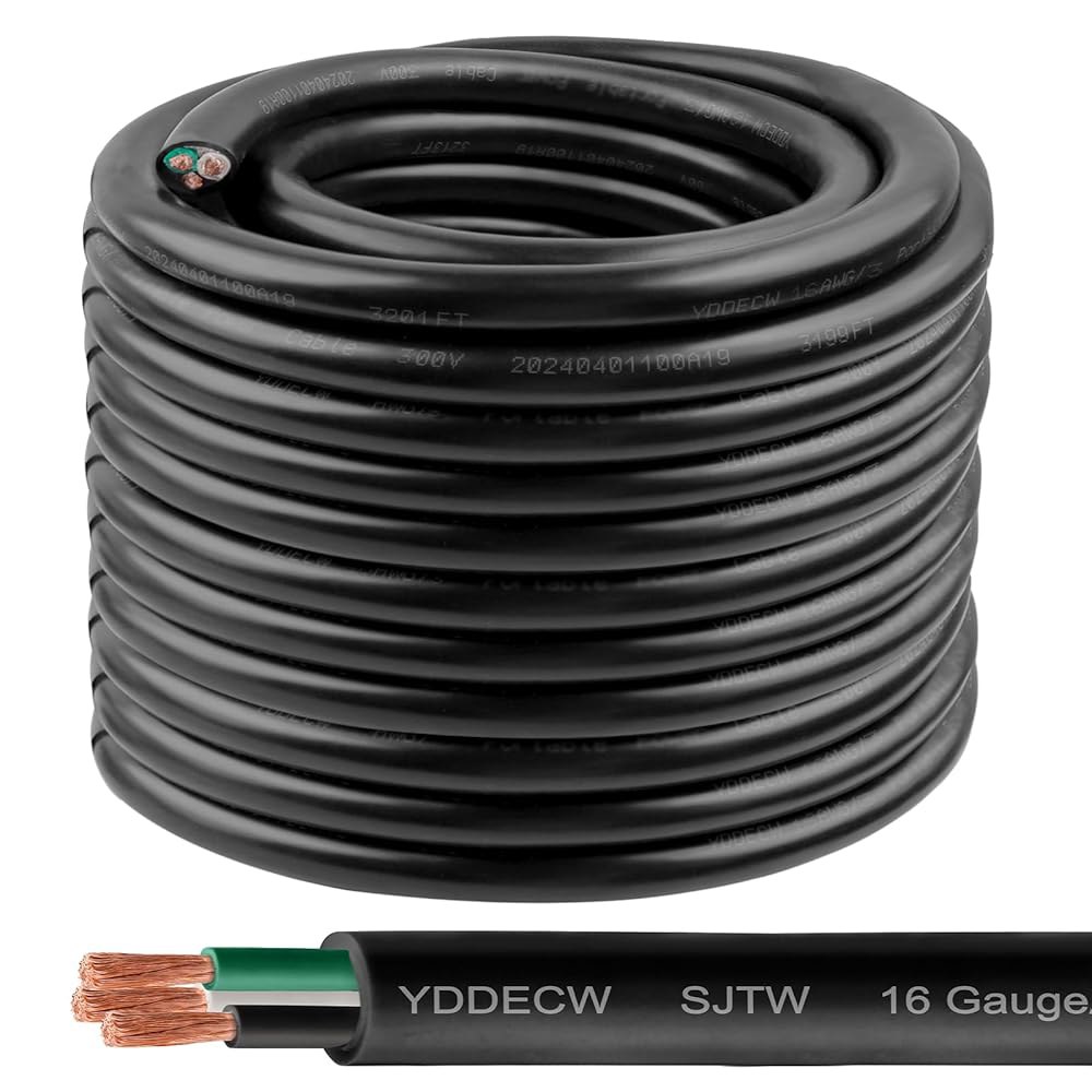 YDDECW 100피트 16/3 16 AWG SJTW 300V 와이어(3 도체) - 모터 리드, 배터리 충전기 및 기계용 자외선 차단 재킷이 있는 게이지 케이블 3 도체 전선 - 상품 이미지