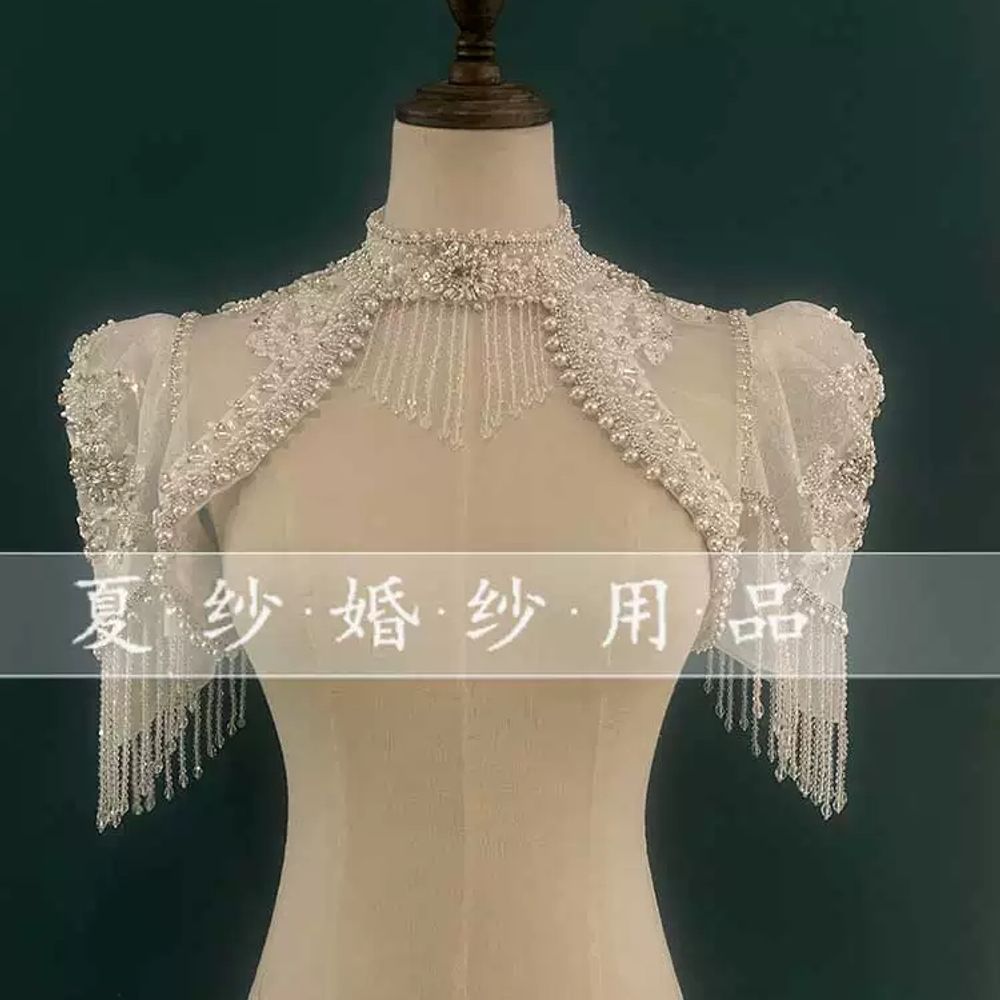 반팔 드레스볼레로 새틴 벌룬 퍼프 시스루 케이프 플라워 색상 웨딩볼레로 레이스 - 상품 이미지