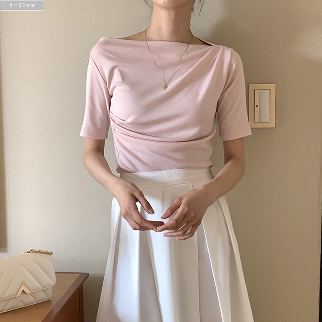 포밍 입술넥 드레이프 슬림 티셔츠 4col 여름 봄 5부소매 핀턱 셔링 이너 제이플로우 - 상품 이미지