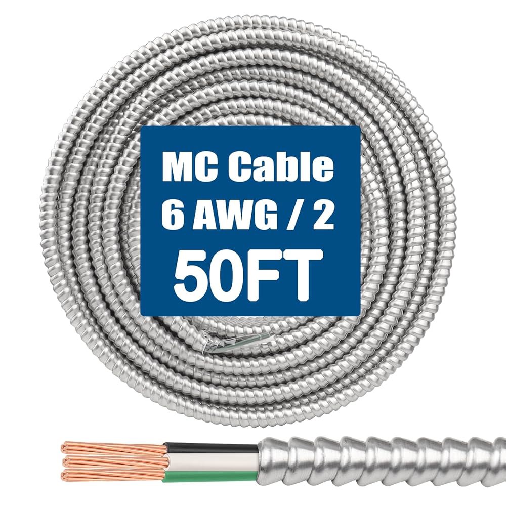 접지가 있는 6/2 MC 케이블 - 50피트 순수 구리 6AWG / 알루미늄 장갑 6 게이지 2 도체형 알럼 케이블이 금속 클래드 와이어 10FT 14AWG/2 - 상품 이미지