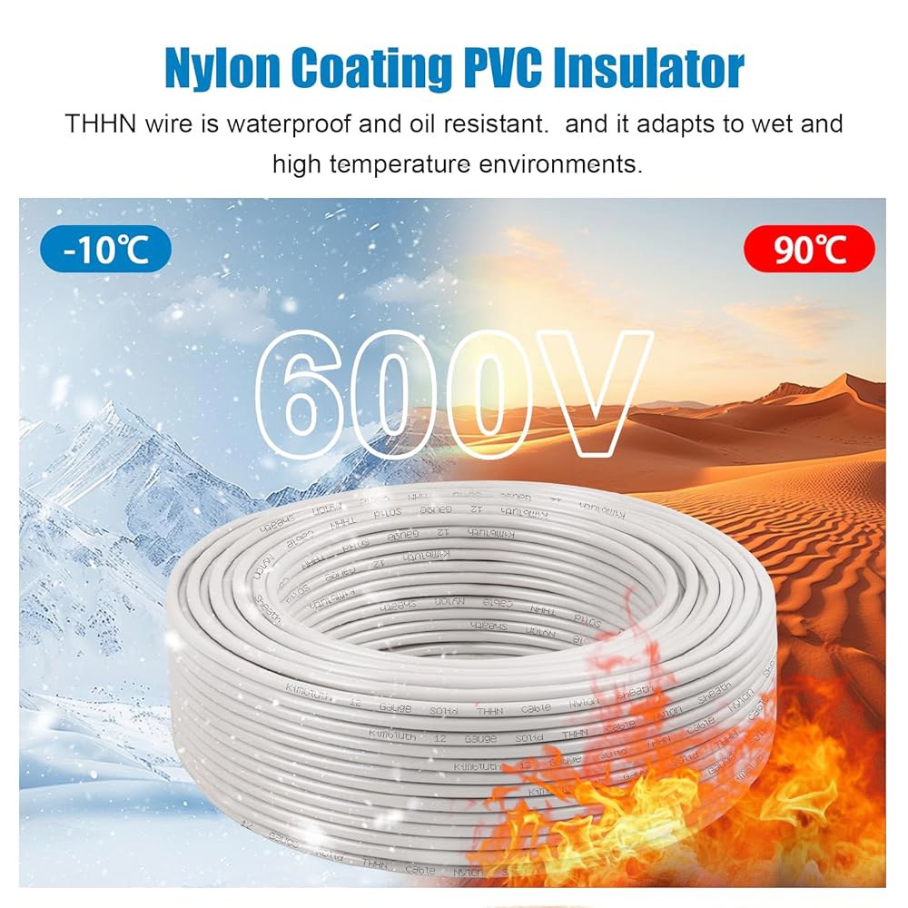 THN 와이어 14 게이지 50 FT OFC 전기 와이어, AWG 솔리드 구리 주거용, CNC, 지상, 산업용(14 게이지, 흰색) 최대 600V 건축용 나일론 재킷 등급 - 상세 이미지 3