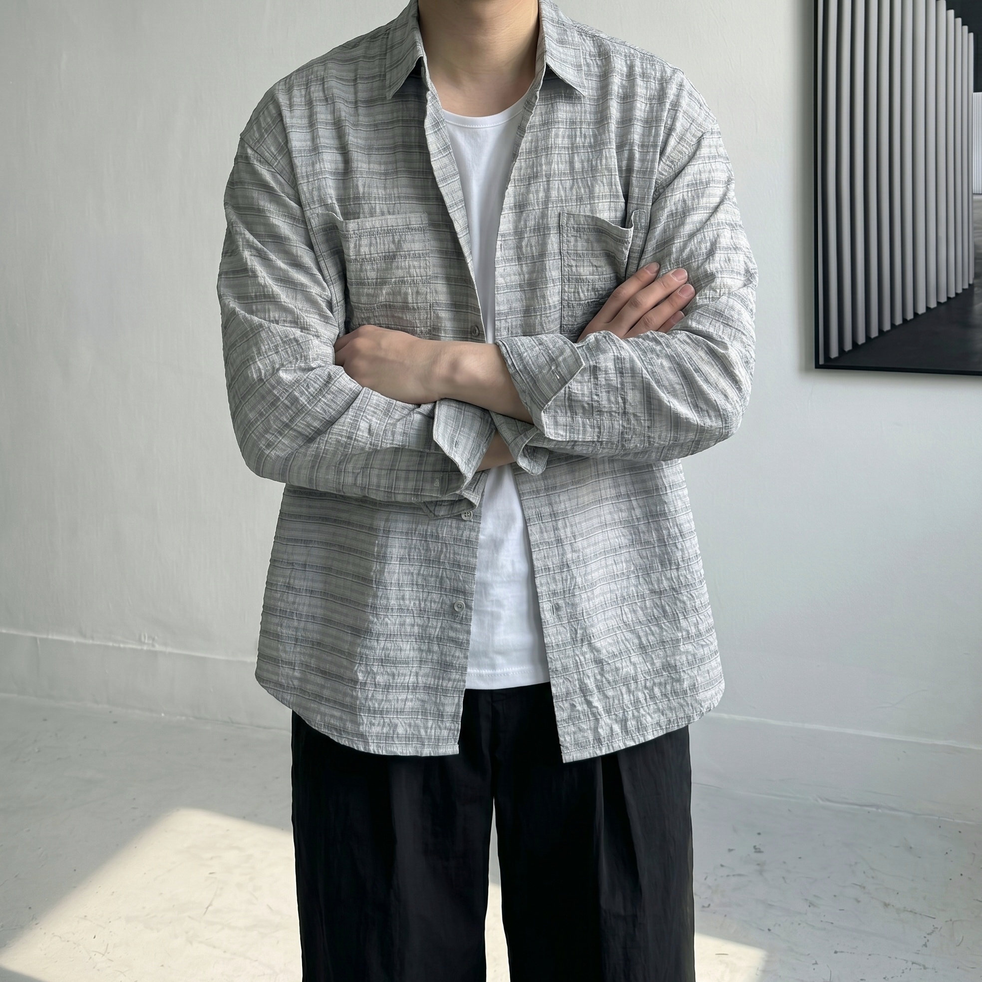 투포켓 워셔블 시어서커 여름 긴팔 오버핏 체크 구김없는 시스루 캐주얼 셔츠 4color 이미지 7