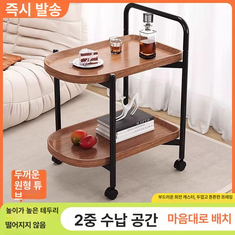 서빙카트 이동식트롤리 원목 빈티지 선반 웨건 거실 주방카트 심플 호두색 바퀴달린 - 상세 이미지 3