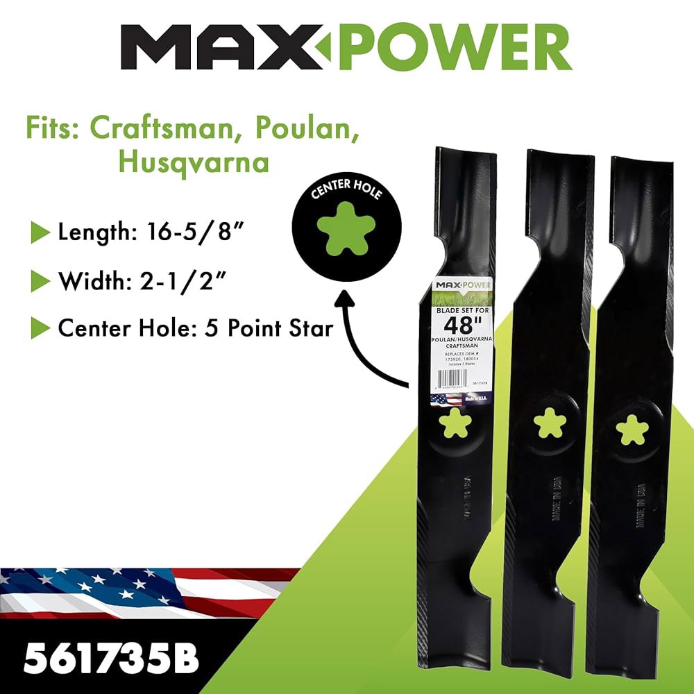 MaxPower 561735B 3 블레이드 세트 48인치 다수용. 컷 장인, 허스크바르나, 풀란 모우어스가 OEM #의 173920, 180054, 53218054, 5759382 - 상세 이미지 2