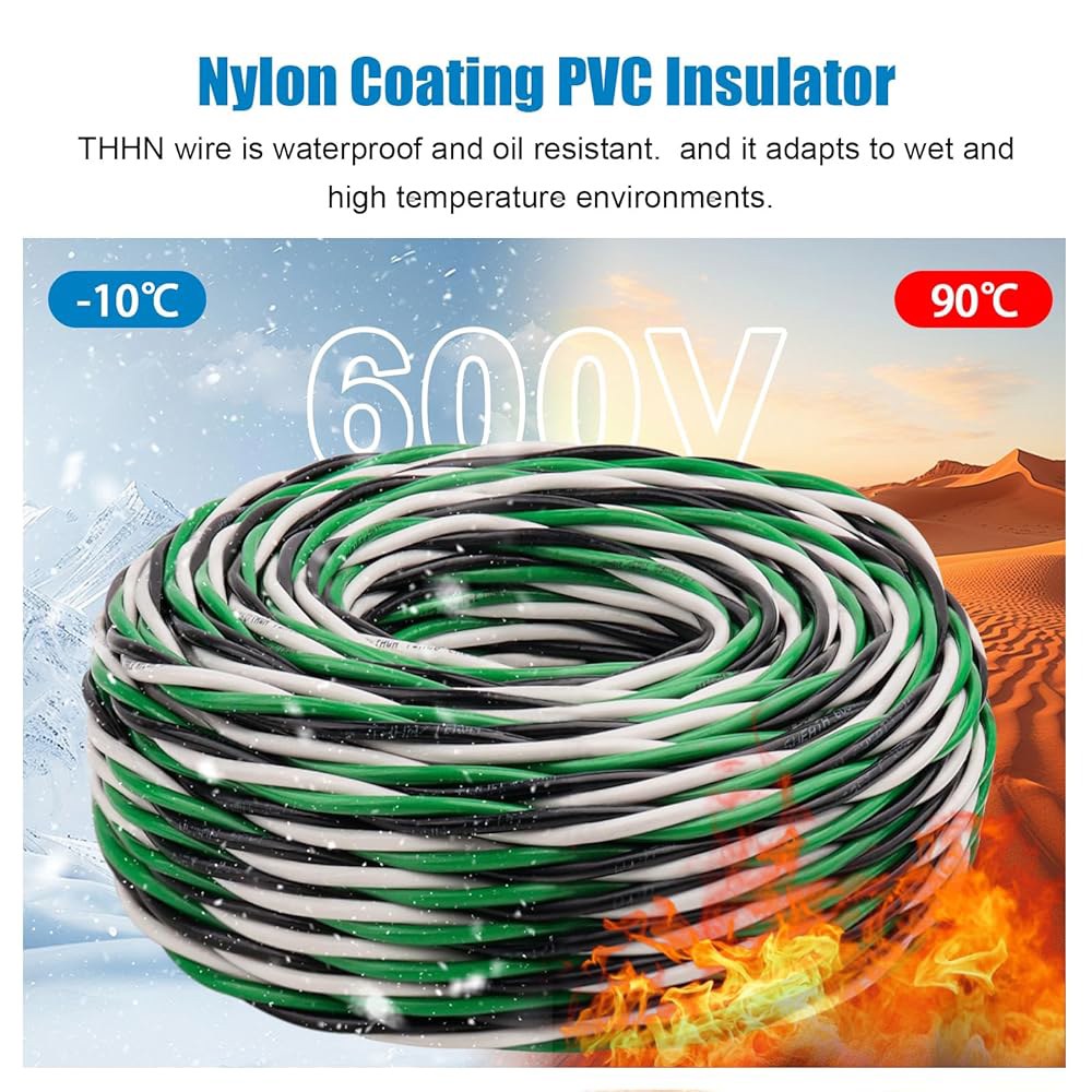 THN 와이어 12 게이지 50 FT 3 도체 구리 블랙 화이트 그린, 접지 600V 빌딩 나일론 재킷이 있는 AWG 주거용, CNC, 접지용, 산업용 - 상세 이미지 3