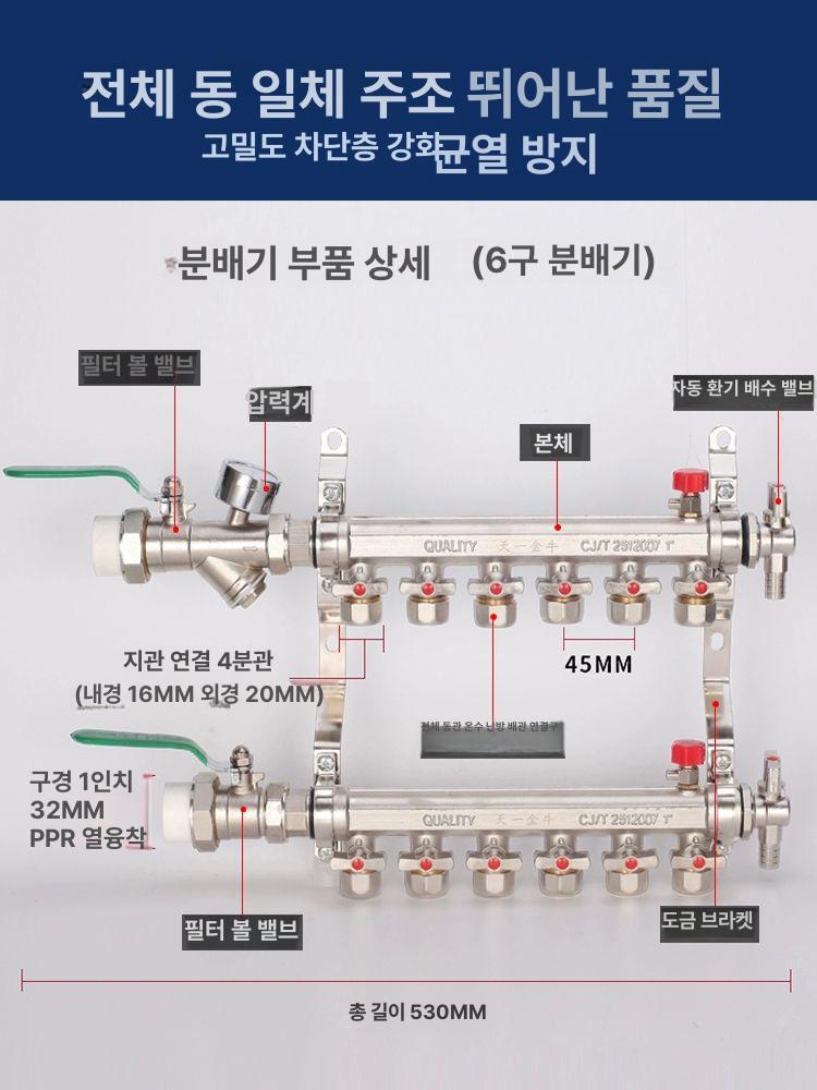 보일러분배기 온수 분리기 노즐 부품 밸브 유량 파이프 배관 유량계부착 물 보일러온수분배기 - 상세 이미지 3