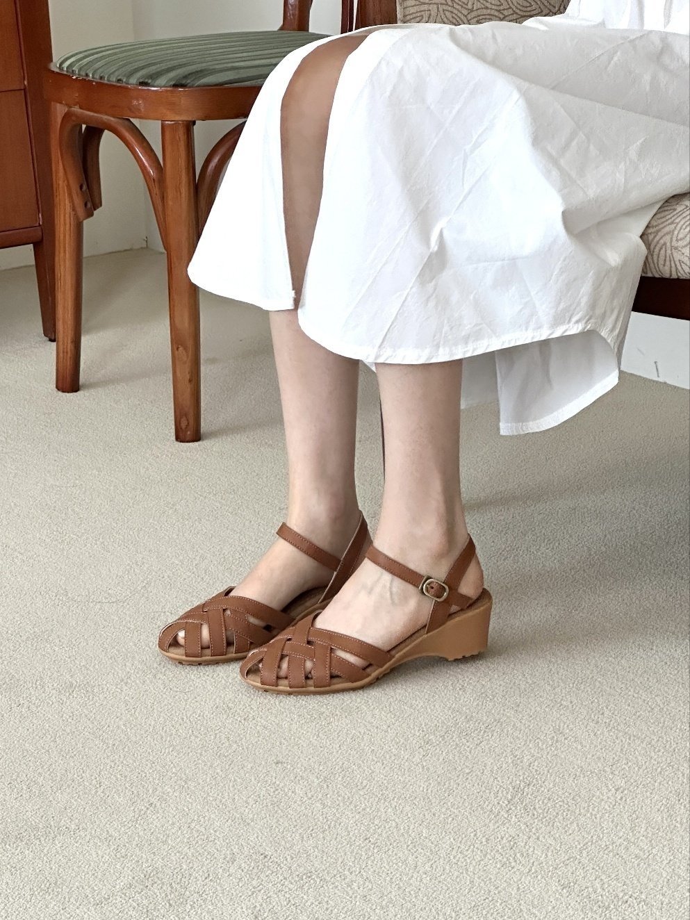 둥근코 위빙 짜임 웨지힐 여름 여성 발목 스트랩 샌들 5cm 이미지 8