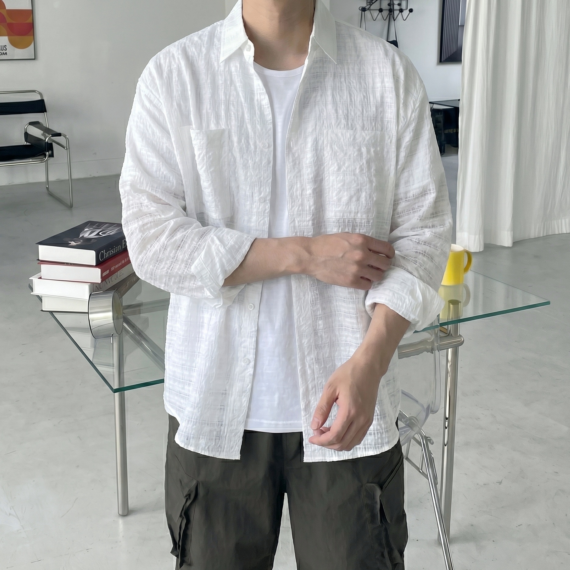 투포켓 워셔블 시어서커 여름 긴팔 오버핏 체크 구김없는 시스루 캐주얼 셔츠 4color - 상세 이미지 2