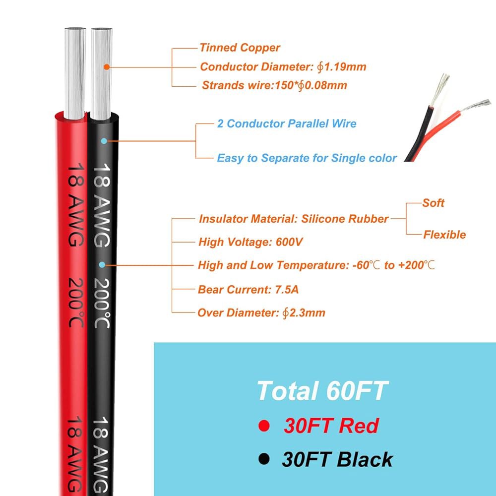 18 awg 실리콘 전기선 2 도체 평행선 60피트 [블랙 30피트 레드 30피트] 게이지 부드럽고 유연한 연결 산소 없는 가닥 통조림 구리선 20awg-2 Spool-23FT - 상세 이미지 2