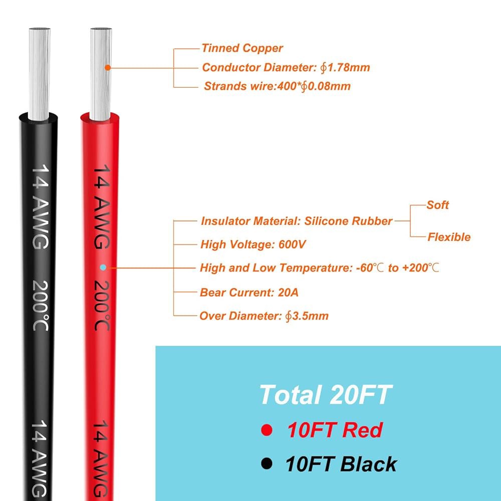 전선 14 AWG 게이지 실리콘 연결 케이블 20피트 [블랙 10피트, 레드 10피트] 부드럽고 유연한 400줄 0.08mm 주석 구리선 고온 저항 - 상세 이미지 3