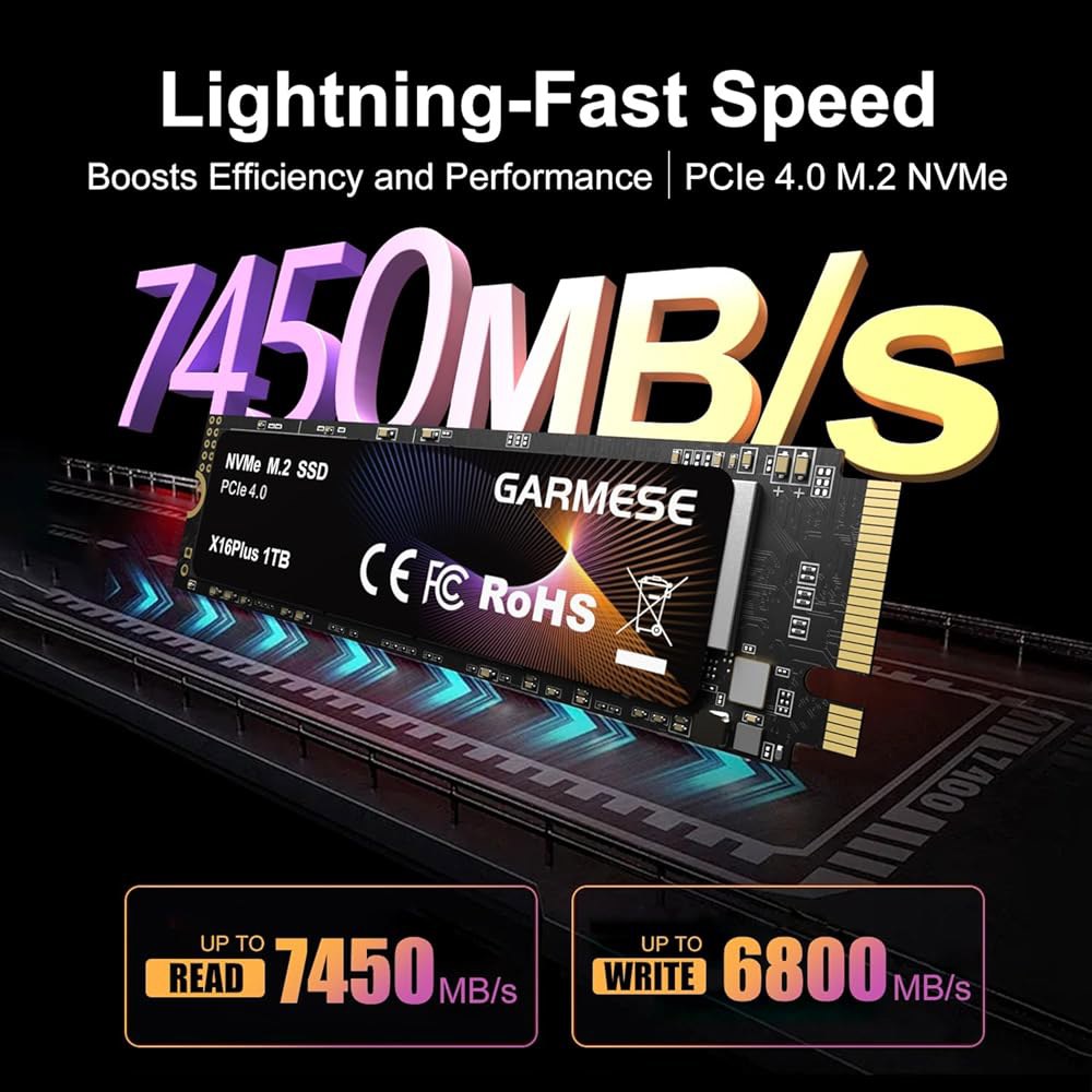 GARMESE 1TB NVMe SSD PCIe 4.0 M.2 2280 내장 솔리드 스테이트 드라이브 최대 7450MB/s, 게이밍 PC, 노트북, 4K 비디오 편집, 크리에이터용 - 상세 이미지 2