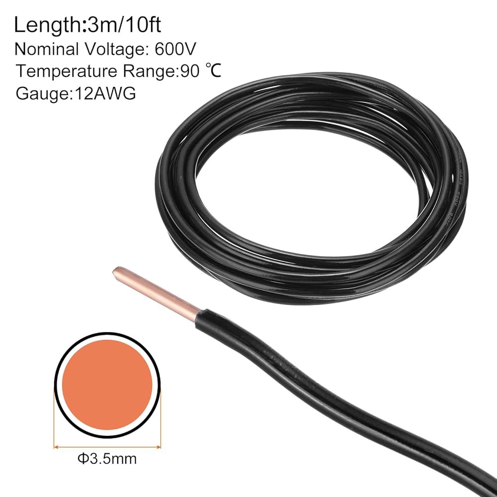 MECCANIXITY THN 와이어 12 AWG 10피트 전기선 절연 고체 구리, 주거용 산업용 접지용 최대 600볼트 등급, UL 목록, 검은색 - 상세 이미지 2