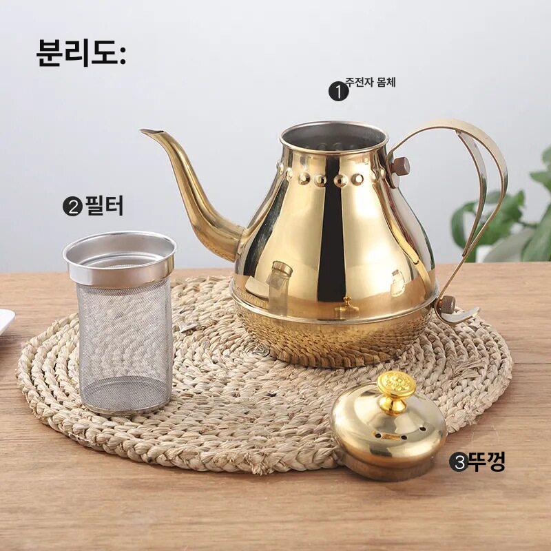 감성 스텐골드주전자 손잡이 차 캠핑 보온 인덕션 북유럽 실버 스텐주전자 찻주전자 - 상세 이미지 4