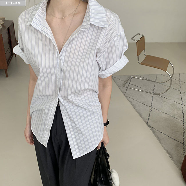스카린 카라넥 롤업 스트라이프 반팔셔츠 2col 여름 반소매 데일리 루즈핏 제이플로우 - 상품 이미지