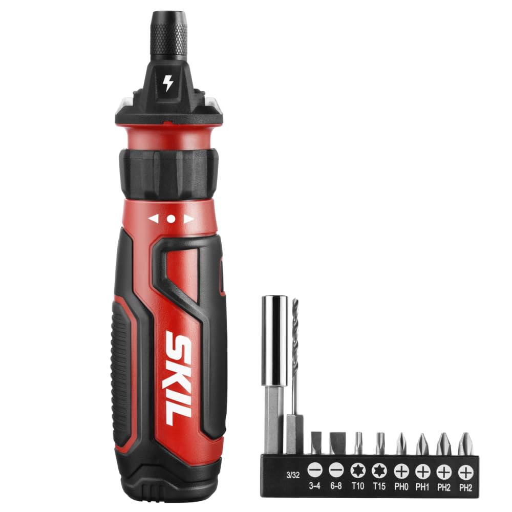 SKIL 충전식 4V 무선 드라이버(회로 센서 기술 포함), 9pcs 비트, 1pc 비트 홀더, USB 충전 케이블 - SD56201, 빨간색 포함 One Size - 상품 이미지