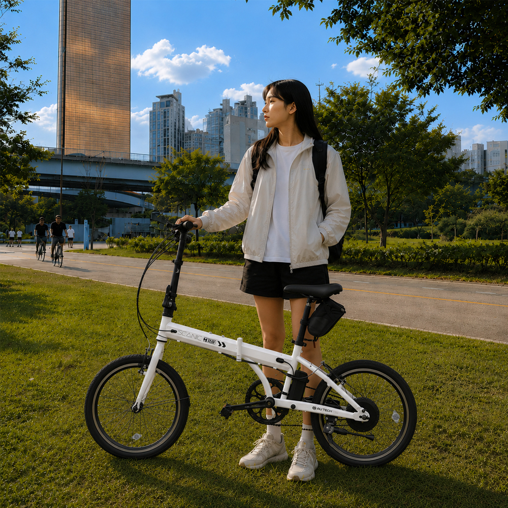 AU테크 스카닉 M20 접이식 미니벨로 출퇴근용 전동 전기 자전거 24V 5Ah, 화이트, 50.8cm(20인치)
