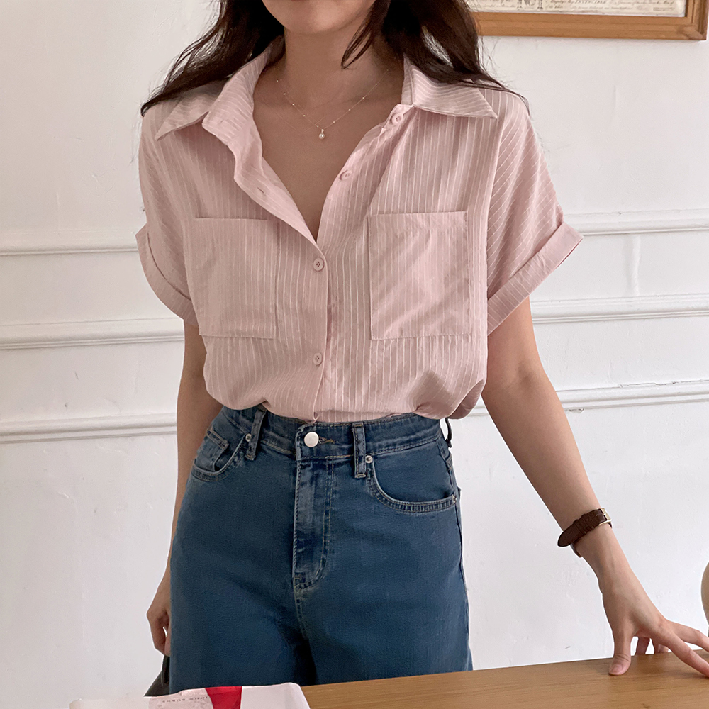 여름남방 시어서커 반팔블라우스 시스루 핑크스트라이프셔츠 - 상품 이미지