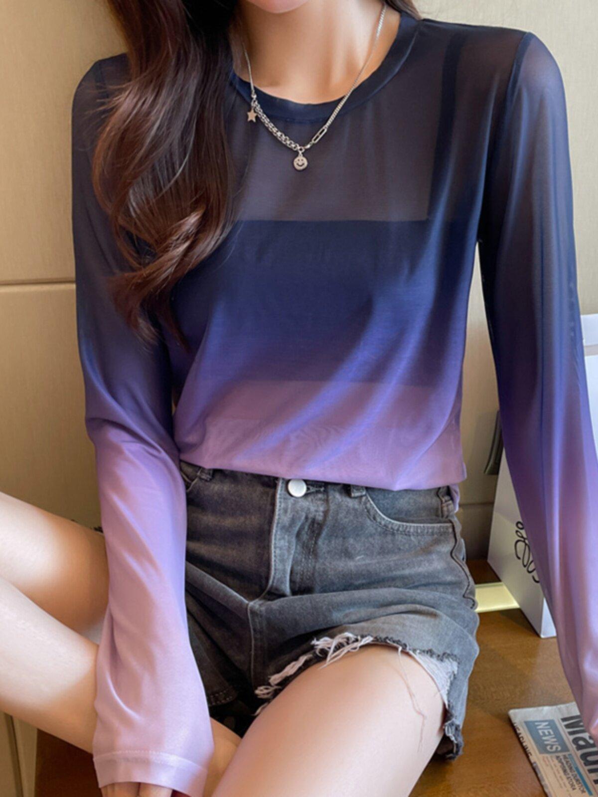 그라데이션 시스루 긴팔 티셔츠 컬러 무드 여름 라인댄스복 비치룩 방송댄스 줌바 에어로빅 - 상세 이미지 4