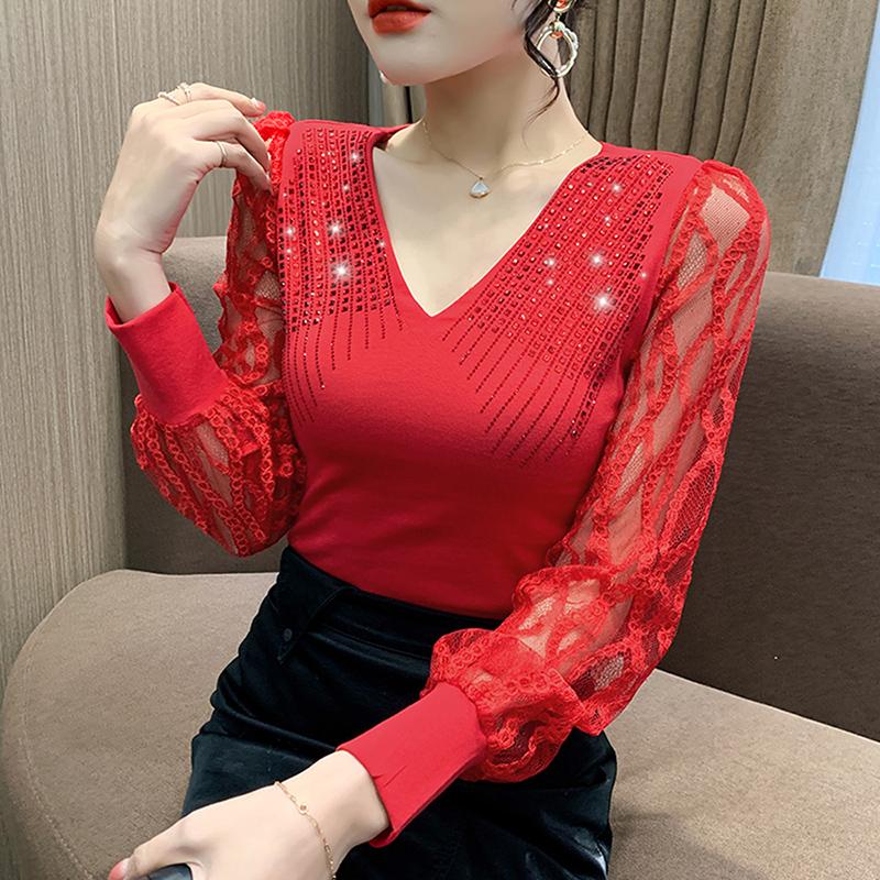 라인댄스복 브이넥 시스루 라틴 슬림핏 상의 댄스 티셔츠 탱고 왈츠 망사 긴팔 자이브 의상 - 상품 이미지