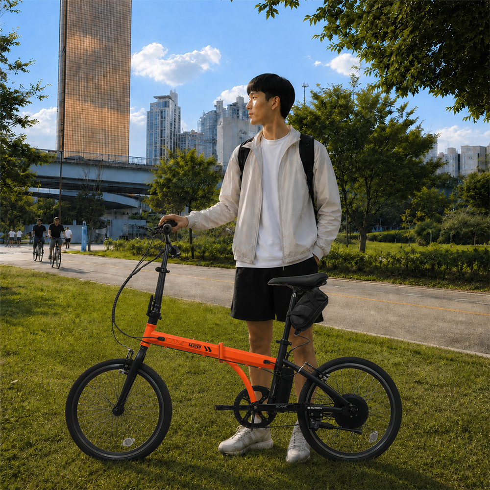 AU테크 스카닉 M20 접이식 미니벨로 출퇴근용 전동 전기 자전거 24V 5Ah, 오렌지, 50.8cm(20인치)