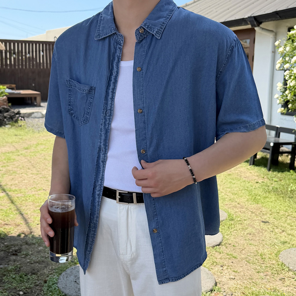 남자 일와 오버핏 여름 아이스 쿨링 텐셀 반팔 데님 셔츠 남방 이미지 2
