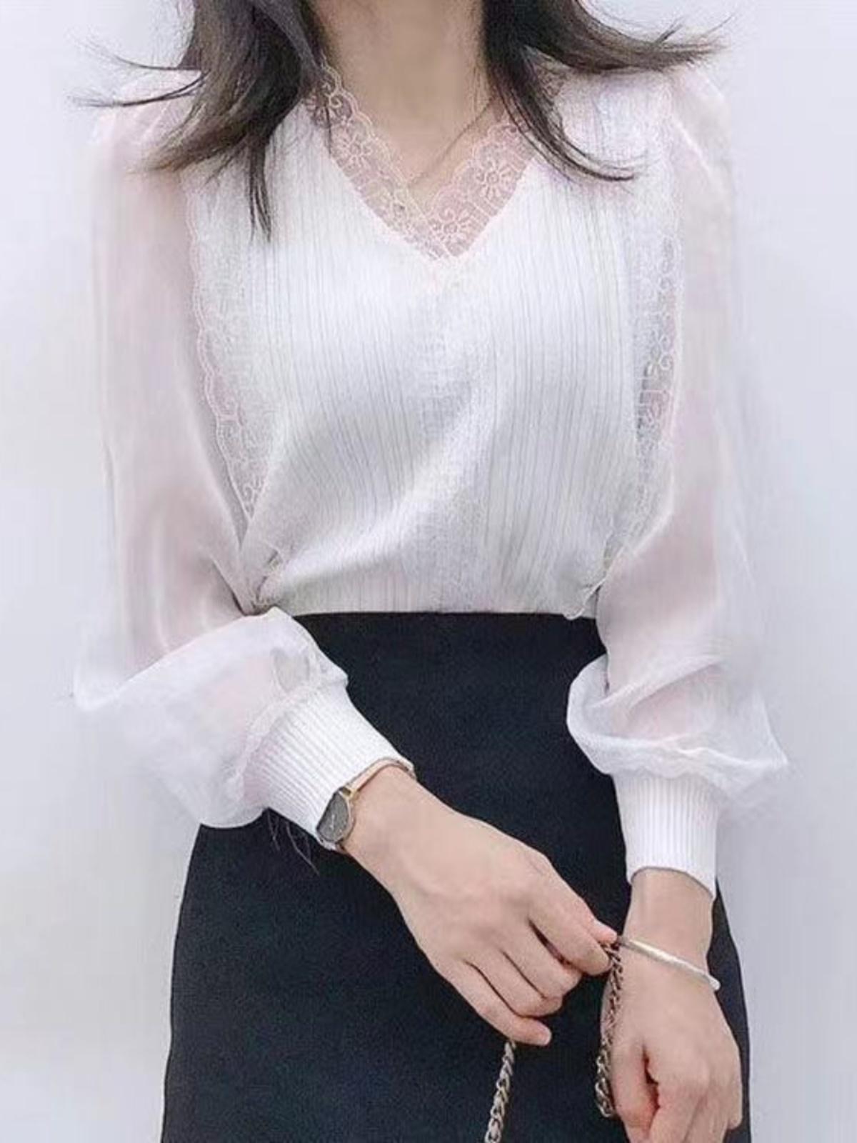 라인댄스 상의 브이넥 시스루 블라우스 긴팔 상의 모던 차밍 스윙 댄스복 밸리 줌바 의상 - 상품 이미지
