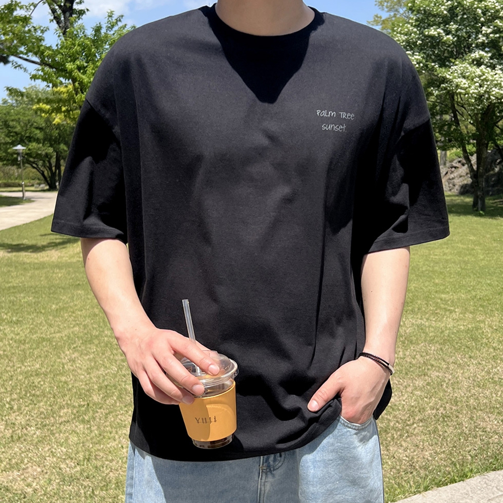 남자 일테 오버핏 여름 야자수 프린팅 반팔티 - 상세 이미지 4