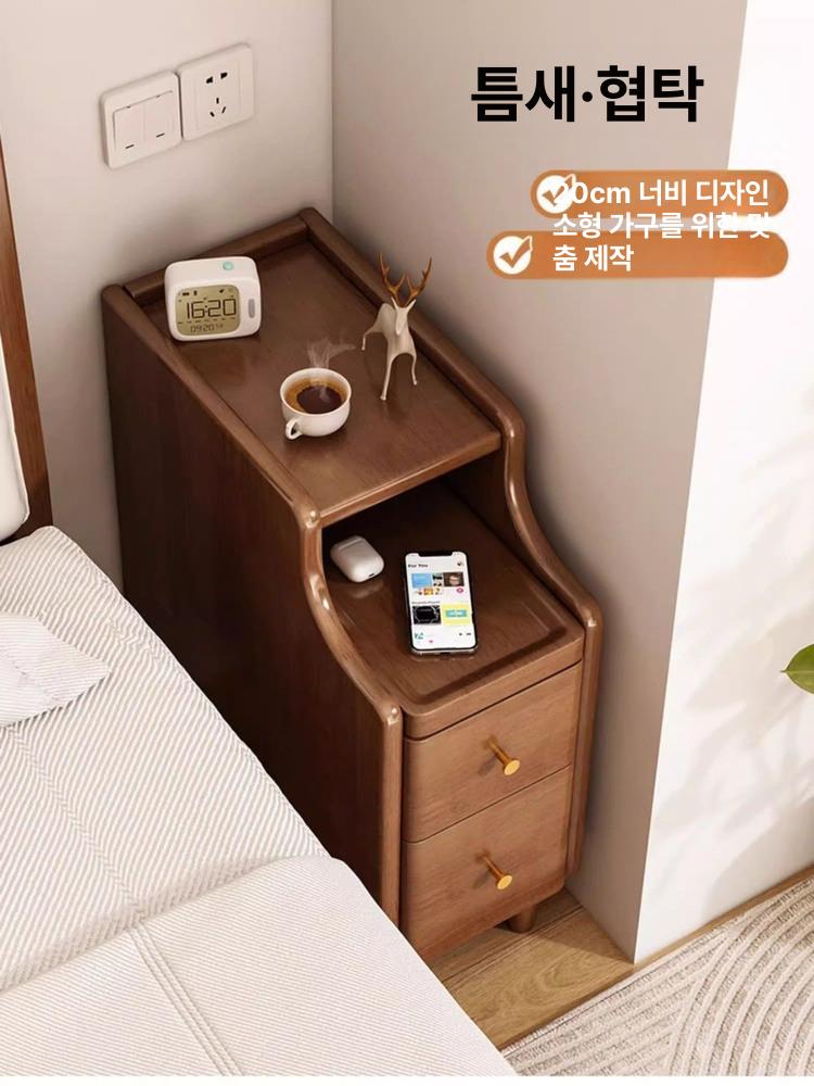 우드 틈새협탁 사이드 엔틱 안방 옆 캐비닛 수납 선반 서랍 원목협탁 침실 호두색 - 상세 이미지 2