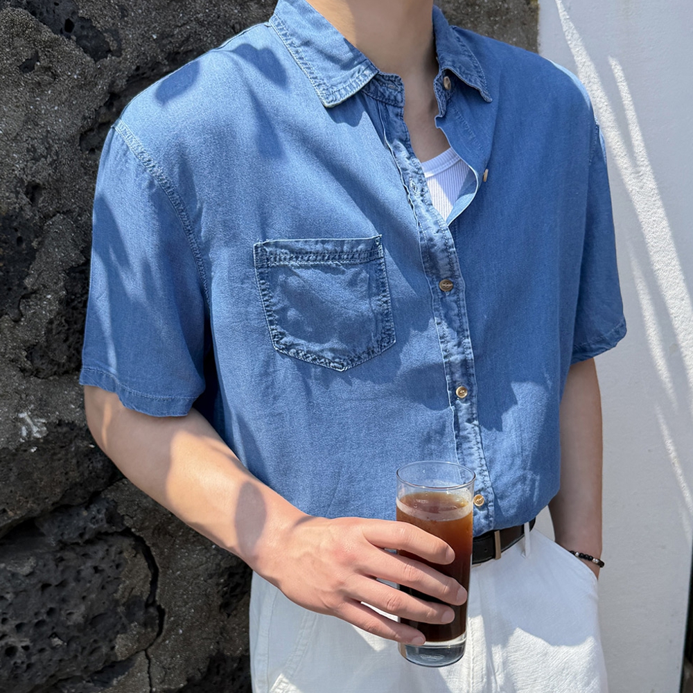 남자 일와 오버핏 여름 아이스 쿨링 텐셀 반팔 데님 셔츠 남방 이미지 4