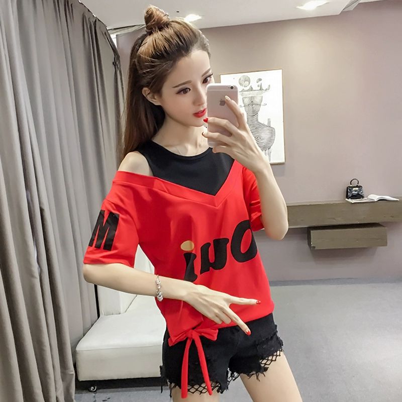 어깨트임 루즈핏 티셔츠 오프숄더 레이어드 반팔티 줌바복 방송댄스 에어로빅 캐주얼 데일리룩 - 상세 이미지 2