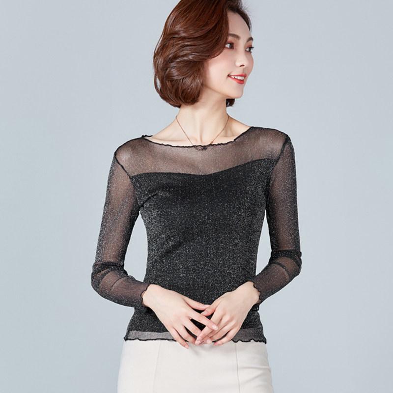블링블링 시스루 긴팔 상의 라인댄스복 메쉬 반짝이 티셔츠 줌바 밸리 스윙 차밍 사교댄스 - 상품 이미지