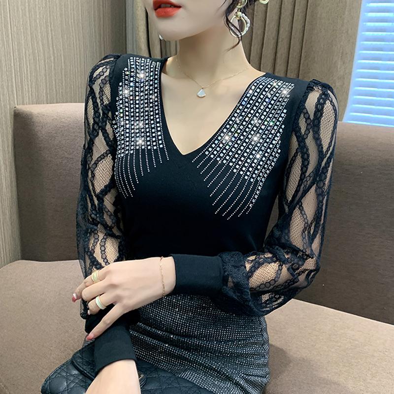 라인댄스복 브이넥 시스루 라틴 슬림핏 상의 댄스 티셔츠 탱고 왈츠 망사 긴팔 자이브 의상 - 상세 이미지 2
