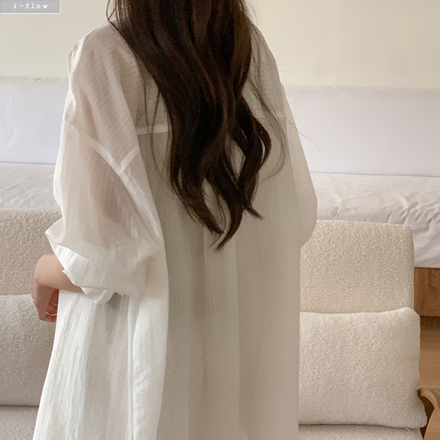 루드 오버핏 스트라이프 시스루 셔츠 4col 여름 봄 얇은 텐셀 루즈핏 선스크린 제이플로우 - 상세 이미지 5