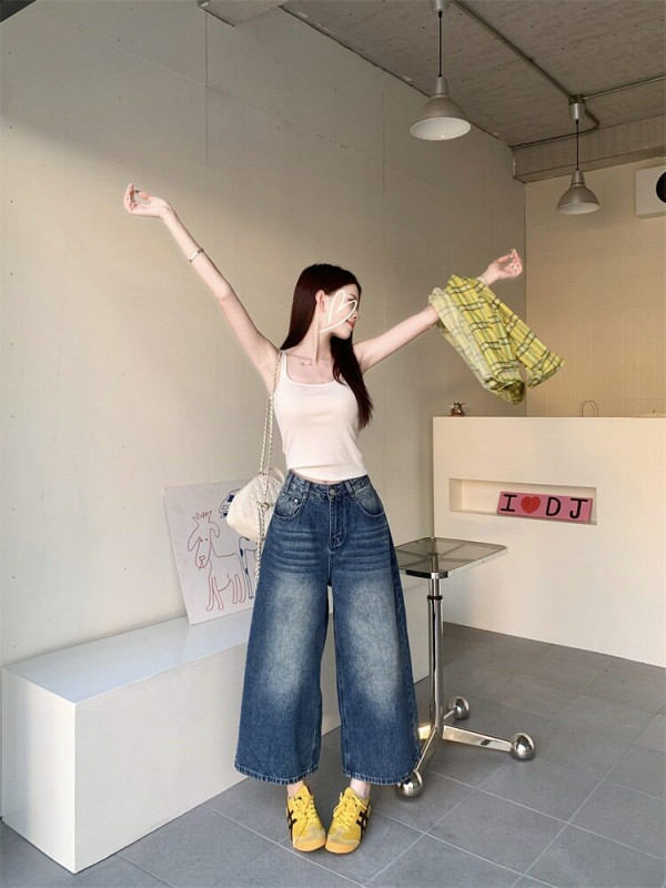 봄 여름 여성 캐주얼 워싱 데님 빈티지 팬츠 통바지 하이웨스트 - 상세 이미지 5