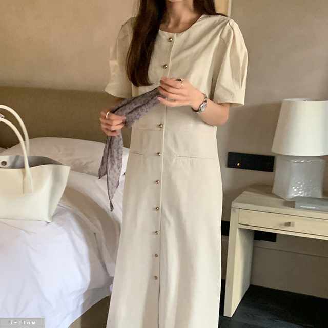 위피 린넨 라운드 금장버튼 맥시 롱 원피스 1col 여름 코튼 퍼프 허리 라인 제이플로우 이미지 7