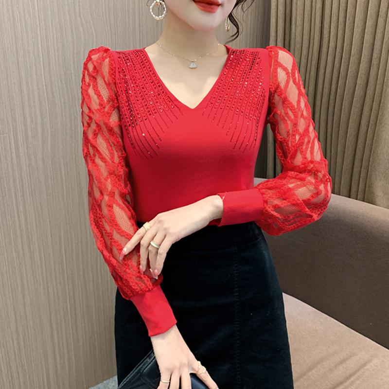 라인댄스복 브이넥 시스루 라틴 슬림핏 상의 댄스 티셔츠 탱고 왈츠 망사 긴팔 자이브 의상 - 상세 이미지 3